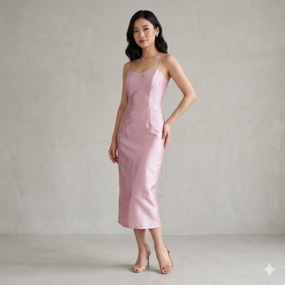 Nuevo Ystilo‎  Shantung Spaghetti Strap Midi Dress in Dusty Rose